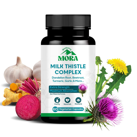 Milk Thistle Complex supplement bottle with herbs and flowers on a white background