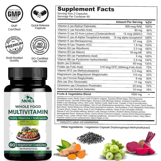 Whole food multivitamin bottle with supplement facts, vegetarian capsules, fruits and vegetables