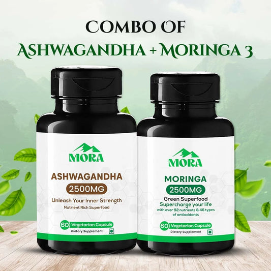 Two MORA supplement bottles labeled 'Ashwagandha' and 'Moringa' on a light wooden surface with green leaves in the background.