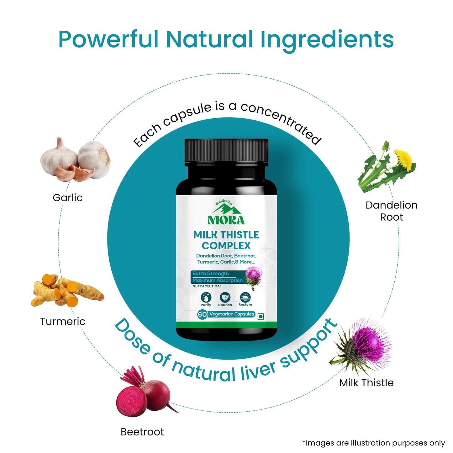 Milk Thistle Complex supplement bottle with garlic, turmeric, beetroot, dandelion root, and milk thistle illustrating natural liver support ingredients.