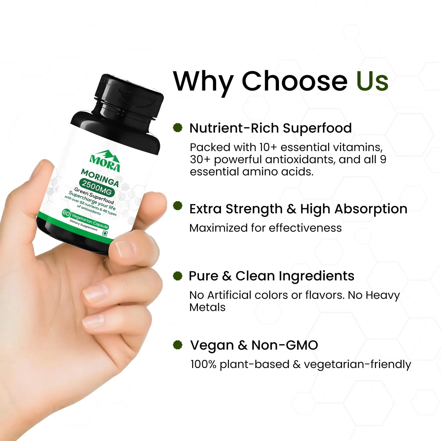 Hand holding Moringa capsules bottle, highlighting vegan, non-GMO, nutrient-rich supplement benefits