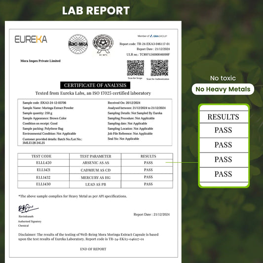 Lab report for Moringa extract powder showing no heavy metals, all results pass safety tests