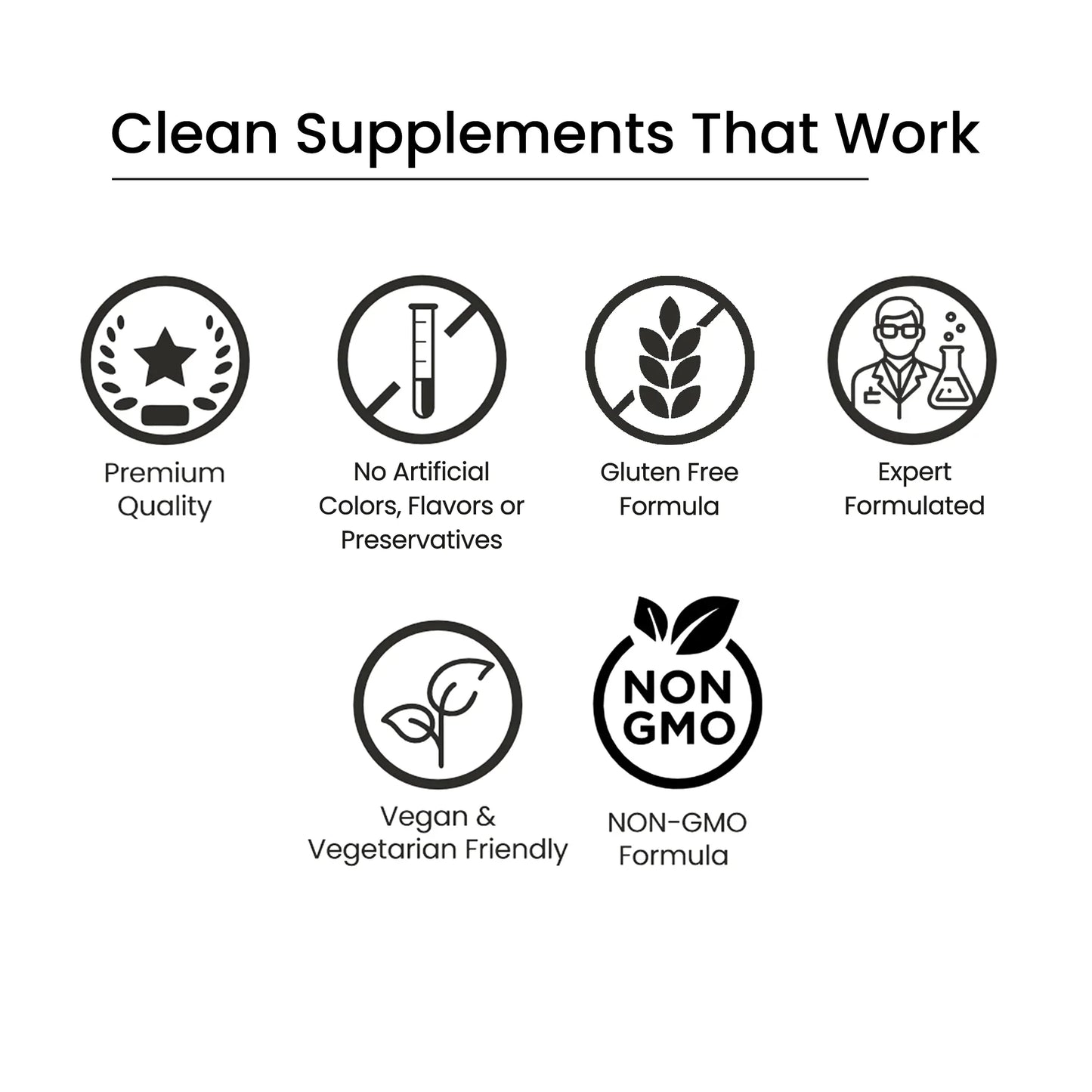 Icons highlighting clean supplements with premium quality, vegan, non-GMO, gluten free, and expert formulated features