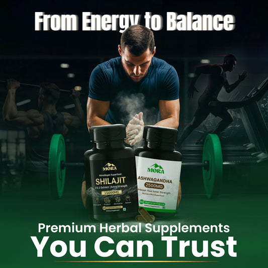 Man lifting weights with Maha Shilajit and Ashwagandha supplements in the foreground, gym setting in the background.