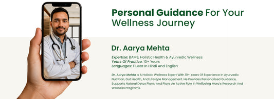 Hand holding a phone displaying a profile of Dr. Aarya Mehta with text about personal guidance for wellness journey.