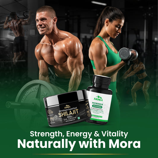 Two people working out with Mora health products on a green background