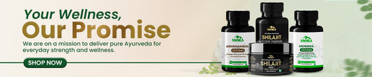 Beverage bottles with labels on a green background, featuring text about Ayurveda and a 'Shop Now' button.