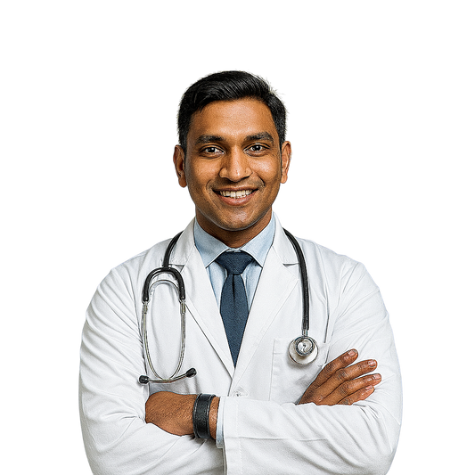 Doctor wearing a white coat with a stethoscope, smiling against a white background