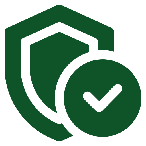 Green icon of a shield with a check mark on a black background