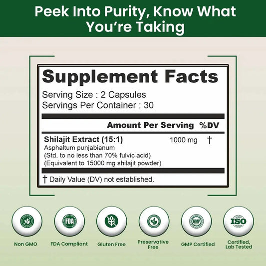 Supplement facts label for Himalayan Shilajit capsules, highlighting non-GMO, gluten free, lab tested.