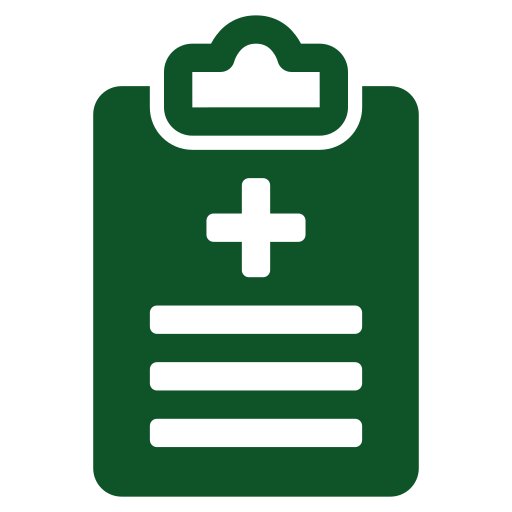Green icon of a clipboard with a plus sign on a black background