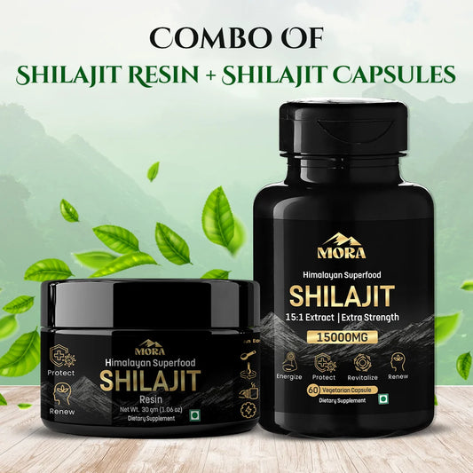 Mora Shilajit resin and capsules combo with green leaves in the background