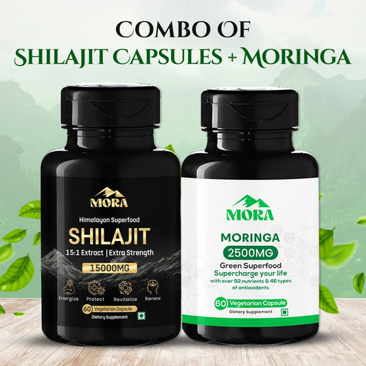 Two bottles of MORA Shilajit capsules and Moringa capsules on a light green background with leaves.