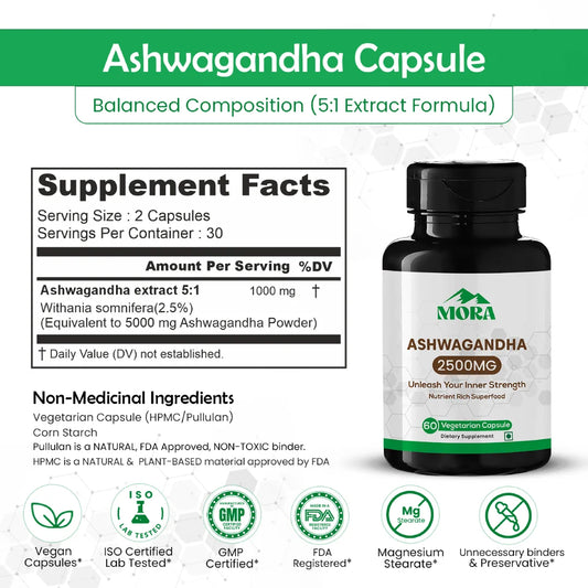 Mora Ashwagandha supplement bottle with label and supplement facts on a white background