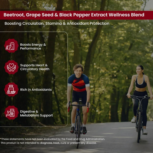 Cyclists on forest road highlighting beetroot, grape seed, and black pepper supplement benefits