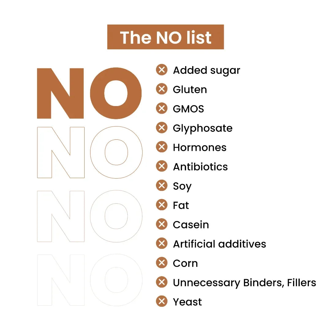 List of ingredients not included in supplements, such as gluten, GMOs, sugar, and additives.