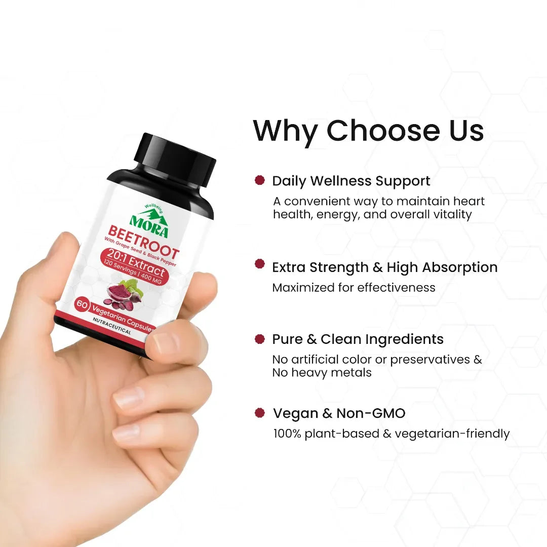 Hand holding Mora Beetroot 20:1 extract supplement bottle, daily wellness support benefits list