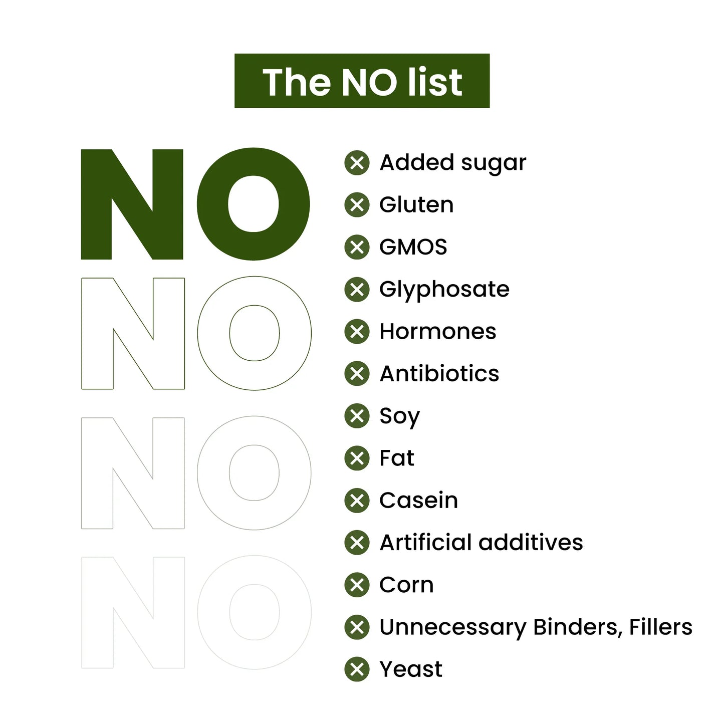 Supplement ingredient NO list highlighting gluten-free, GMO-free, and additive-free features.