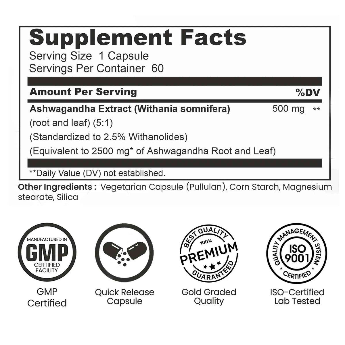 Ashwagandha supplement facts panel showing serving size, standardized extract information and quality certifications.