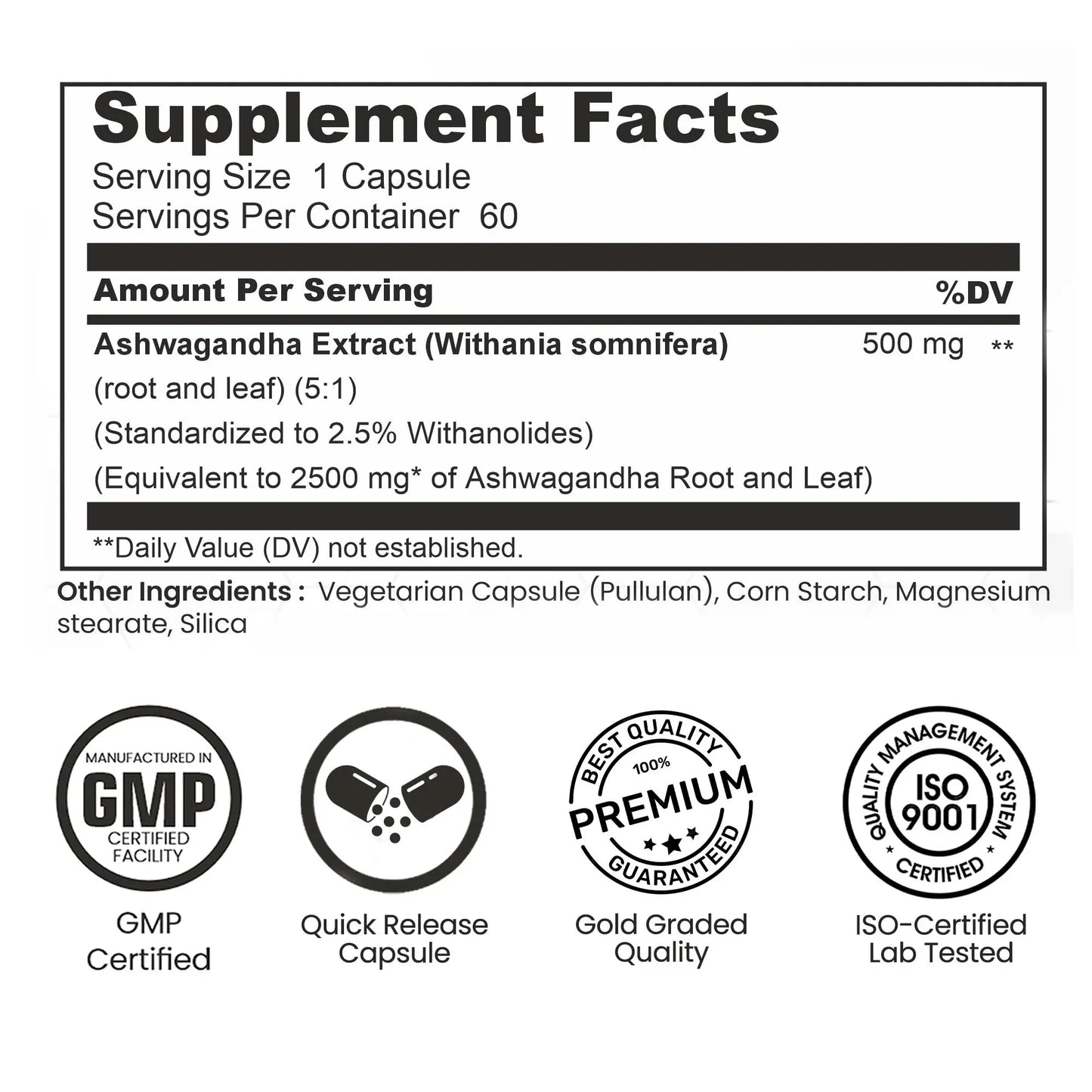 Ashwagandha supplement facts label showing ingredients, certifications, and quality icons.