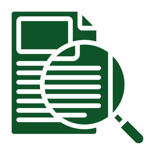 Green icon of a document with a magnifying glass, symbolizing research or inspection.