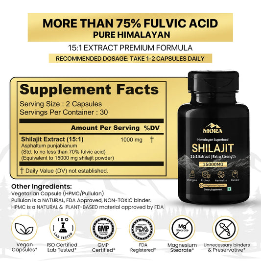 Mora Shilajit supplement bottle with label on a white background