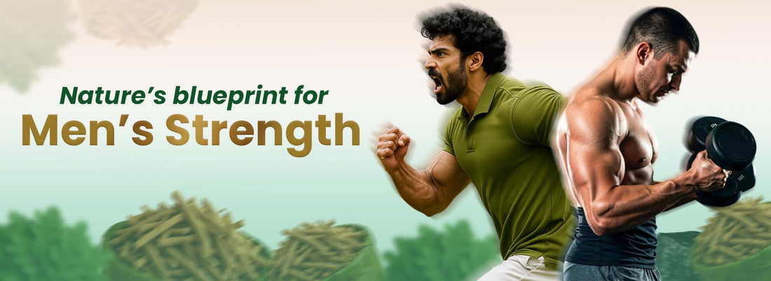 Two athletic men, one shouting and one lifting dumbbells, promoting natural men's strength supplements