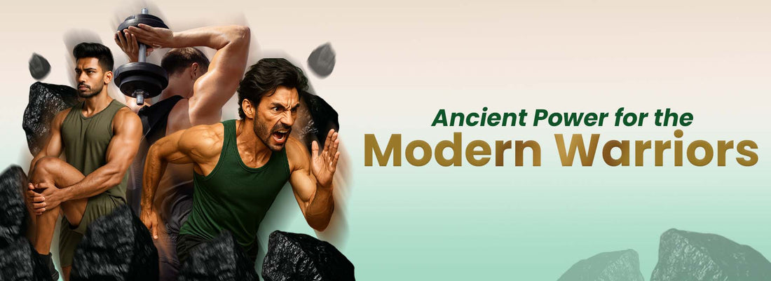 Active men in gym wear surrounded by shilajit rocks, text reads 'Ancient Power for the Modern Warriors'