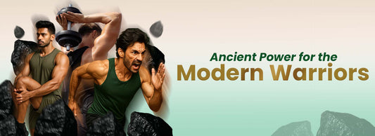 Active men in gym wear surrounded by shilajit rocks, text reads 'Ancient Power for the Modern Warriors'