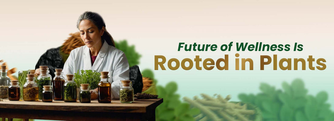 Woman in lab coat examines herbal supplements and plant extracts in glass jars for wellness