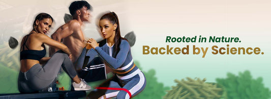 Active men and women in fitness wear with quote 'Rooted in Nature. Backed by Science.' promoting herbal supplements