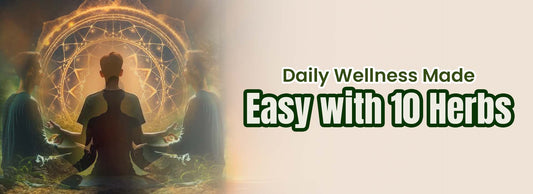 Three people meditating with glowing mandala, promoting daily wellness with 10 herbal supplements