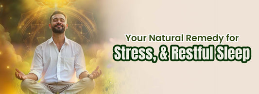 Man meditating outdoors in sunlight, text promoting natural supplements for stress and restful sleep