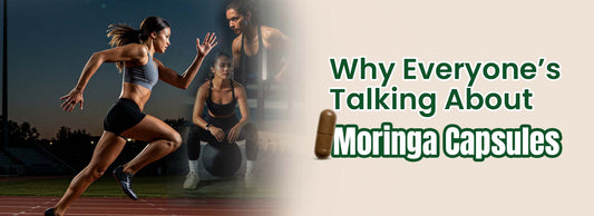Female athletes training on track with text promoting Moringa capsules for energy