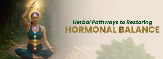 Woman meditating in forest with chakra symbols, promoting herbal supplements for hormonal balance