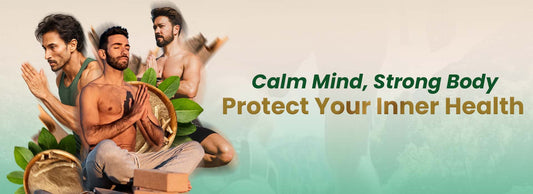 Men meditating with herbal supplements, promoting calm mind and inner health