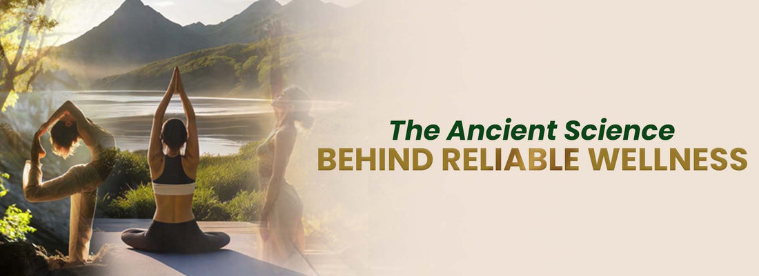 Three women practicing yoga outdoors by a lake with mountains, promoting natural wellness