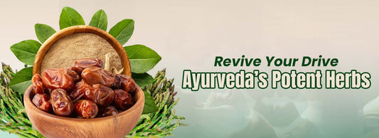 Bowl of Ayurvedic herbs, including dates, powder, and leaves, promoting natural supplements.
