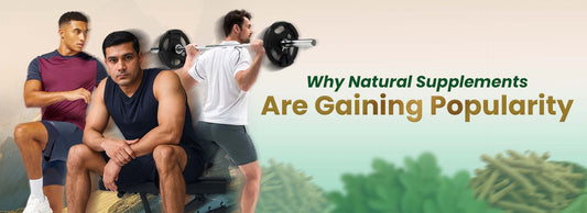 Active men with fitness gear and weights beside text about natural supplement popularity