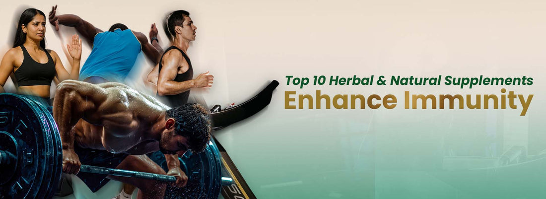 Active men and women exercising with text promoting top herbal and natural supplements for immunity