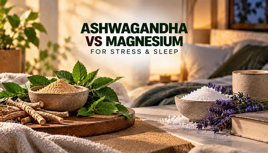 Ashwagandha vs magnesium for stress and sleep, featuring ashwagandha root powder, fresh herbs, magnesium-rich foods, lavender, and a calm bedroom setting.