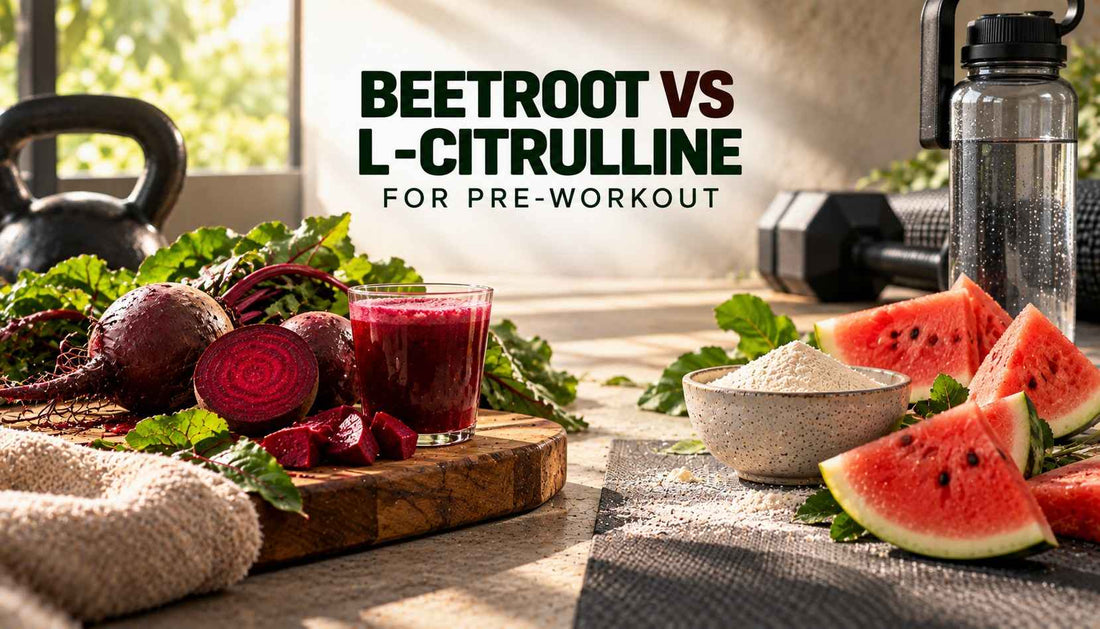 Beetroot vs L-citrulline for pre-workout performance, featuring fresh beetroot, beetroot juice, watermelon, workout equipment, and a shaker bottle.