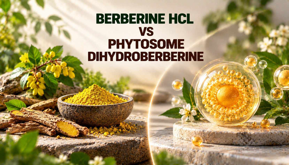 Berberine HCL vs phytosome dihydroberberine comparison featuring berberine powder and a molecular illustration of the two forms.