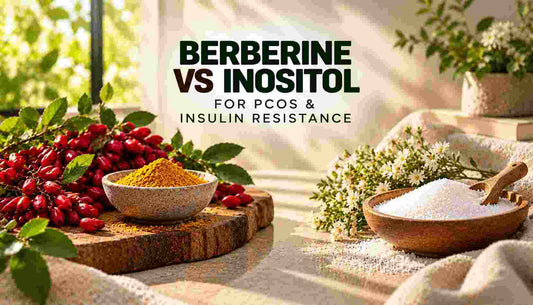 Berberine vs inositol for PCOS and insulin resistance, featuring berberine-rich berries, yellow berberine powder, and white inositol powder in a natural setting.