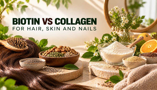 Biotin vs collagen for hair, skin and nails, featuring healthy hair strands, seeds, nuts, citrus fruits and collagen-rich food sources.