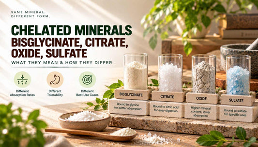 Chelated minerals comparison showing bisglycinate, citrate, oxide, and sulfate mineral forms with differences in absorption, tolerability, and common uses.