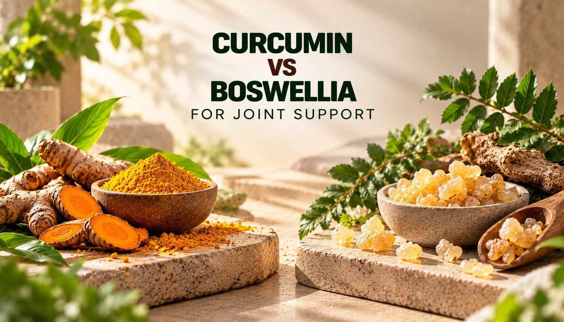 Curcumin vs boswellia for joint support, featuring turmeric roots and powder on one side and boswellia resin on the other.