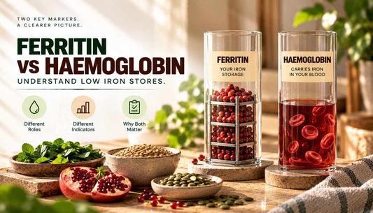 Ferritin vs haemoglobin infographic comparing iron storage and blood oxygen transport, with vegetarian iron-rich foods such as spinach, seeds, and pomegranate.