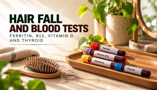 Hair fall and blood tests infographic featuring ferritin, B12, vitamin D, and thyroid blood test tubes with a hairbrush.