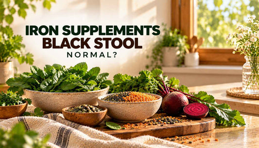 Iron supplements and black stool infographic featuring iron-rich vegetarian foods such as spinach, lentils, beetroot, and seeds, explaining whether dark stools are normal when taking iron supplements.